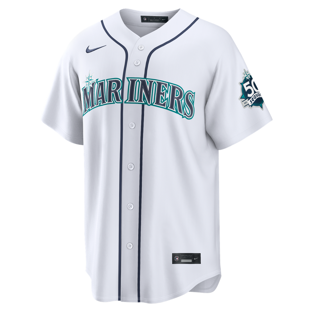 Seattle Mariners Julio Rodríguez Nike White Home Stadium 50th Season Patch Jersey